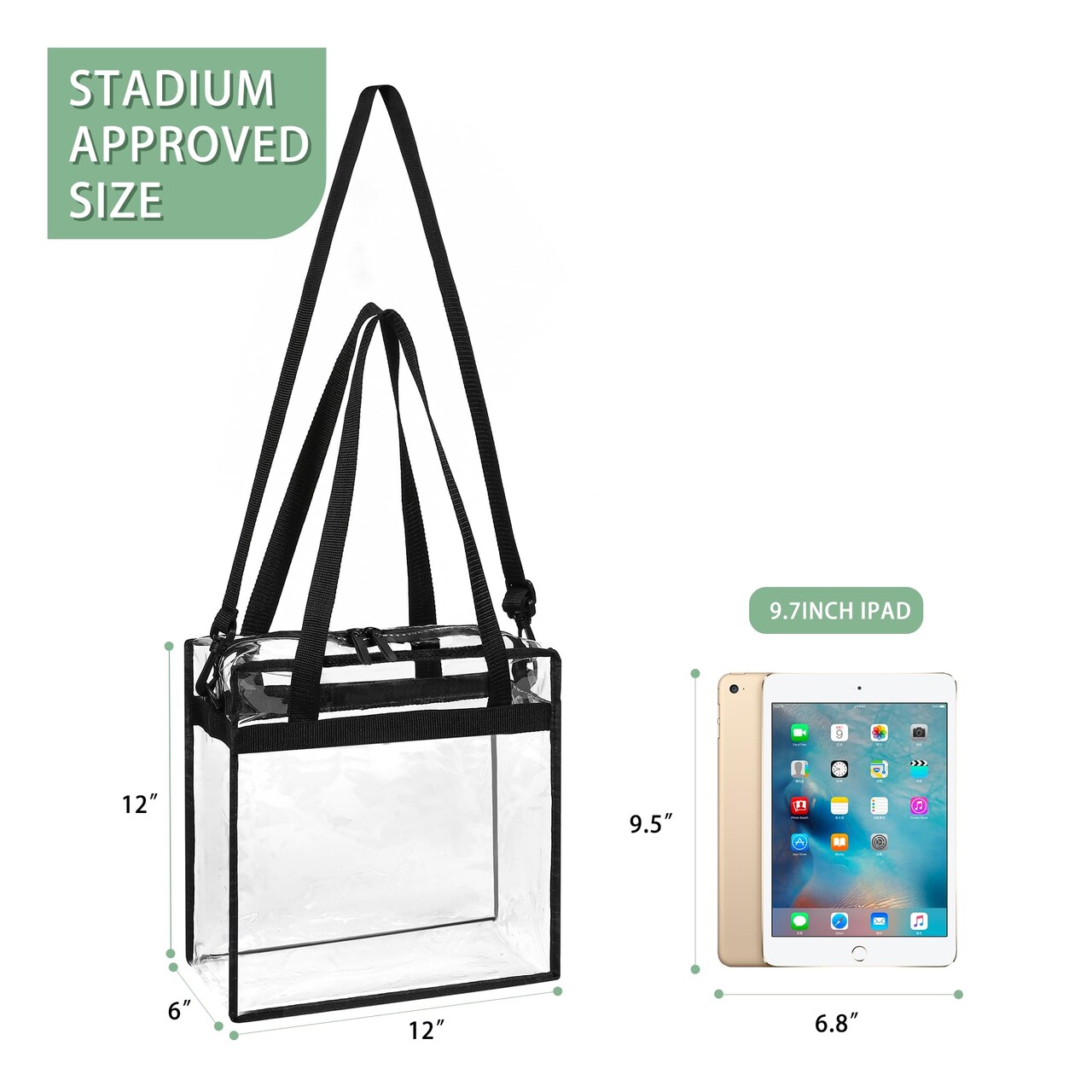 Clear bags Stadium Approved Clear Tote Bag with Zipper Closure Crossbody Messenger Shoulder Bag with Adjustable Strap(12 Inch X 12 Inch X 6 Inch,Black)